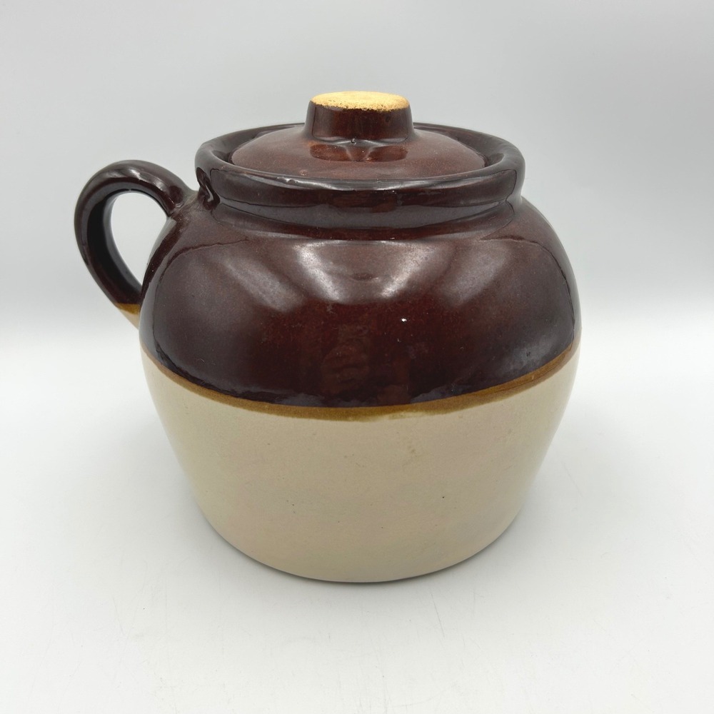Bean Pot Brown Tan Stoneware Crock Lid Handle 6 Inch Made in USA Vintage VTG